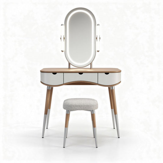 Toaletka z lustrem do makijażu w salonie z drewna i metalu - 90 x 45 x 150cm